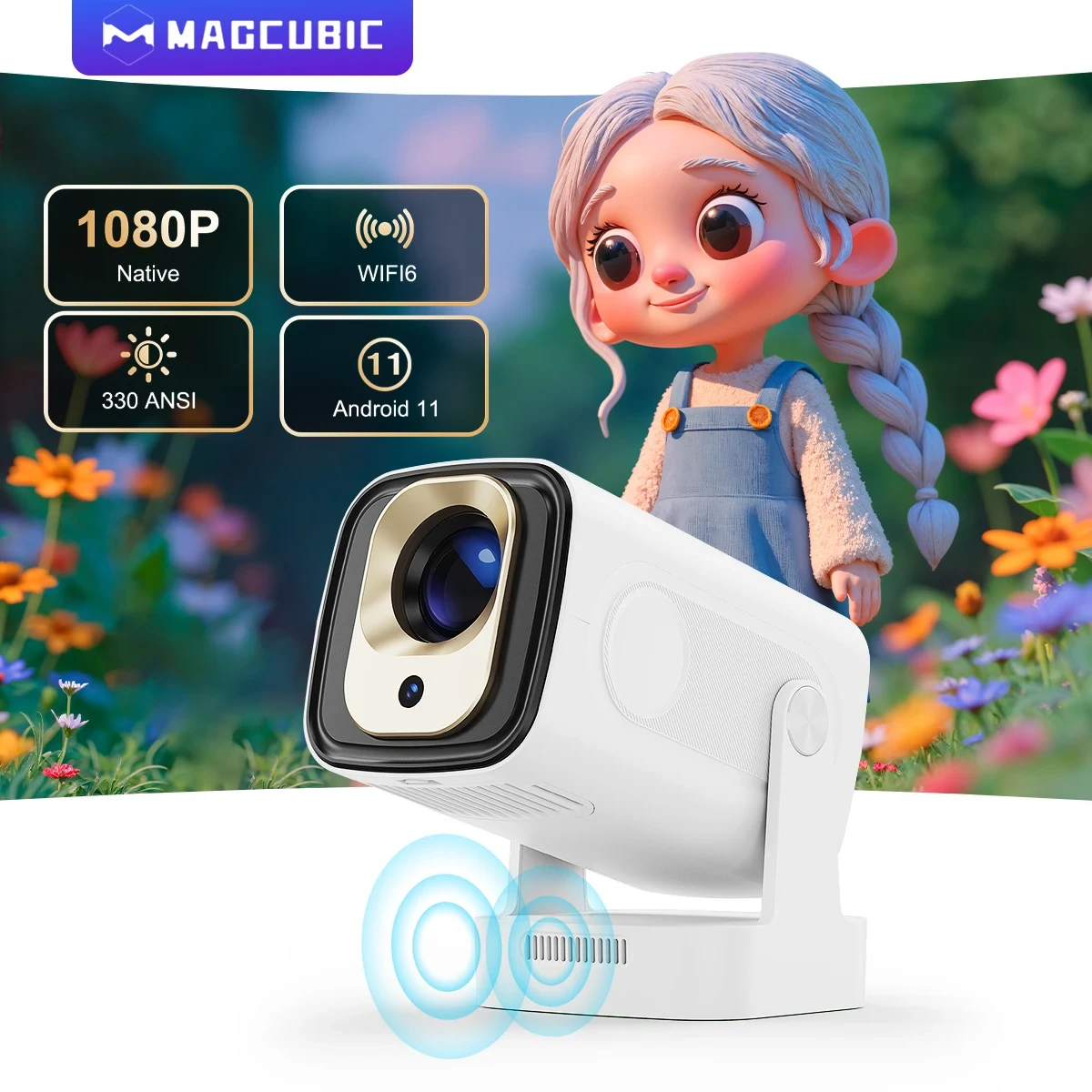 HY310 Auto Focus Mini Projector Native 1080P 330ANSI 4K Android 11 With Wifi6 BT5.4 Air Mouse Voice Video Outdoor Movie