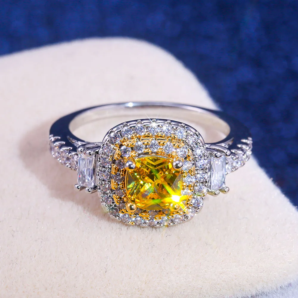 Huitan Dazzling Yellow Zircon Stone Wedding Party Ring With Micro Paved Silver Plated Proposal Engagement Ring Jewelry Gadget